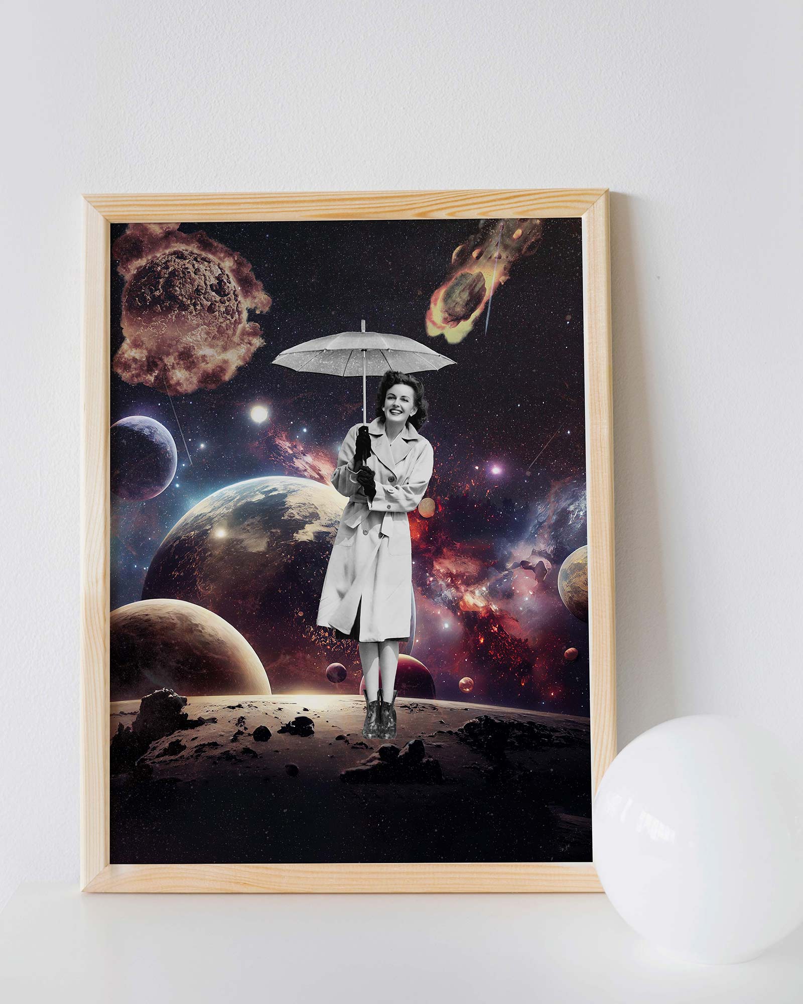 collage vintage mujer lluvia meteoritos